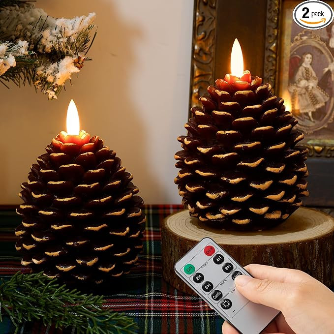 Battery Operated Christmas Candles with Remote and Timer, 2 Pack LED Flameless Pinecone Candles, ... | Amazon (US)