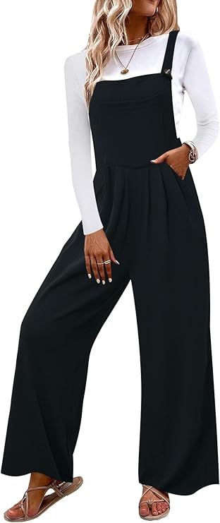 OYOANGLE Women's Waffle Knit Wide Leg Pinafore Pants with Pocket Overall Cami Jumpsuit Romper | Amazon (US)