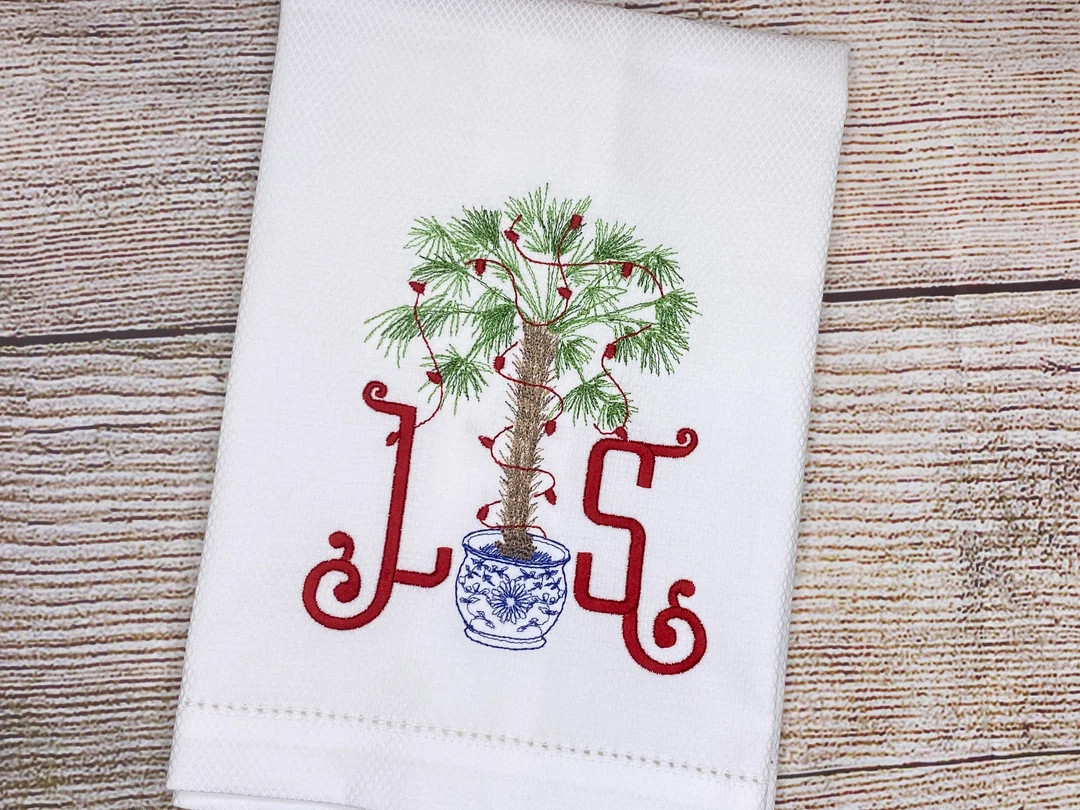 Monogram Tropical Christmas Tree Tea Towels, Embroidery, Hand Towels | Etsy (US)