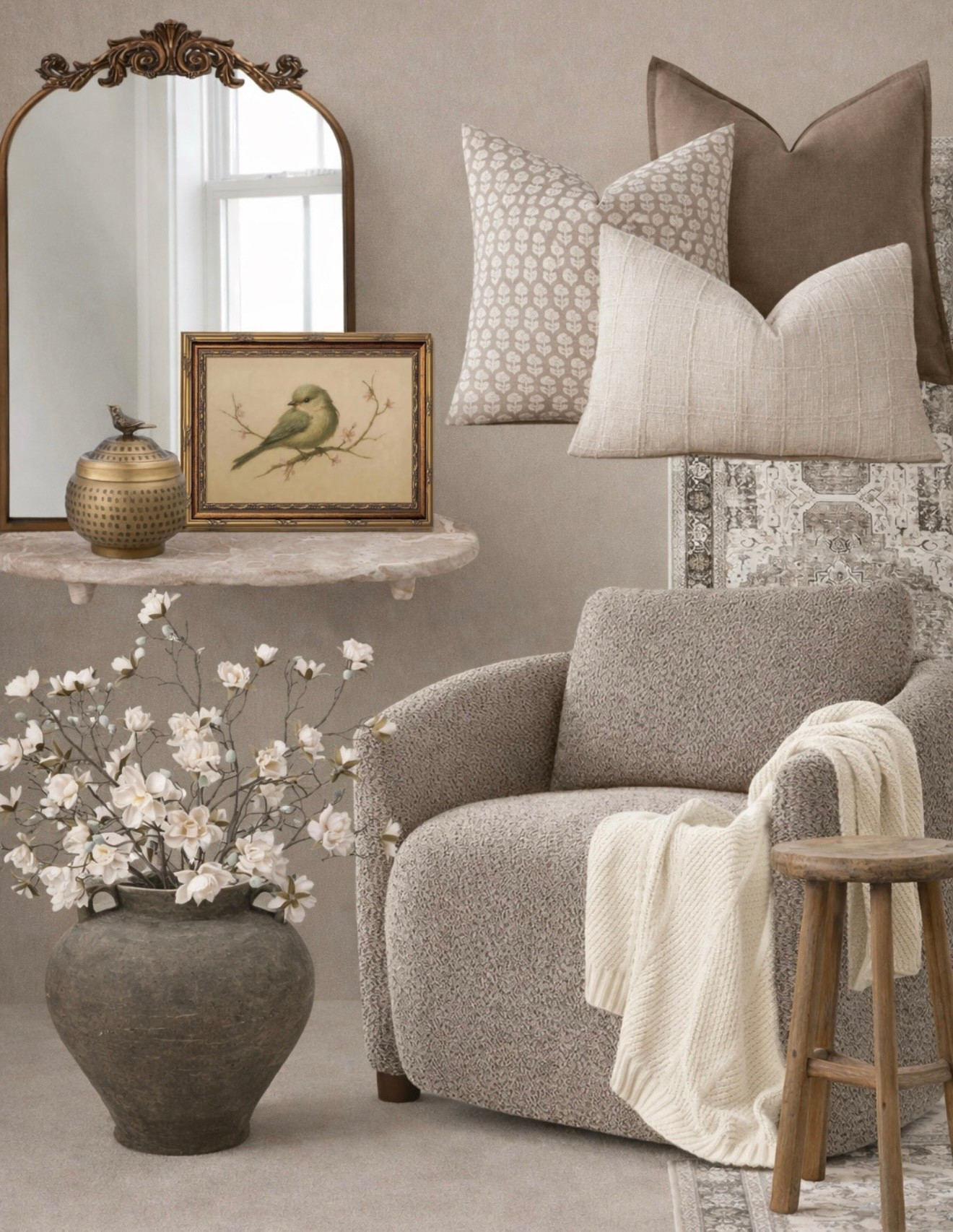 Neutral Amazon Home Finds — Accent Chair, Vintage Mirror, Floral Vase & Pillows

Follow @farmtotablecreations on Instagram for more neutral home inspiration 🤍

Sharing a collection of warm, timeless pieces that instantly elevate any space. The cozy textured accent chair pairs beautifully with the neutral vintage-inspired rug and layered pillows for that soft, inviting look. An ornate antique-style mirror, classic bird artwork, and a chunky pottery vase filled with delicate stems add character and depth, while the wood stool and knit throw bring in natural warmth. Every piece is versatile, elevated, and easy to mix into your living room, bedroom, or reading nook.

#accentchair #throwpillows #arearug #vintagemirror #homedecor #neutraldecor #tabledecor #vase #livingroomdecor #amazonhome



#LTKSaleAlert #LTKSeasonal #LTKHome