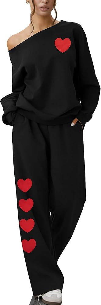 MNLYBABY Valentines 2 Piece Set Women Love Outfit - Heart Sweatshirt Shirts Off Shoulder Sweatshi... | Amazon (US)