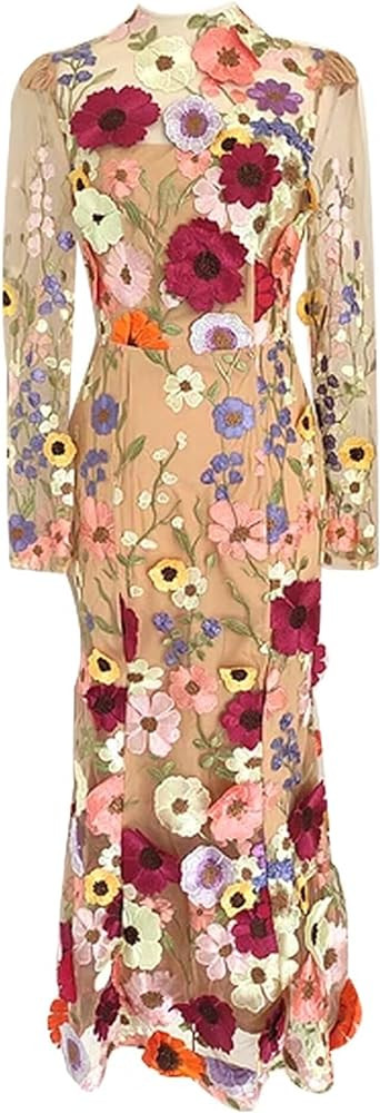 Women's 3D Floral Embroidery Mermaid Prom Dress Long Sleeve Lace Bodycon Party Cocktail Mini Dres... | Amazon (US)