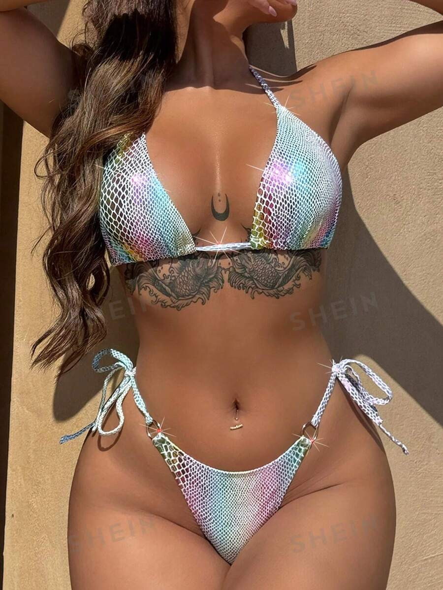 SHEIN Swim SXY Gradient Snake Skin Halter Neck Summer Beach Bikini Set With Separated Swimwear | SHEIN