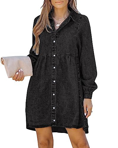 LookbookStore Long Sleeve Denim Dress for Women Jean Dress Button Down Casual Babydoll Denim Shirt Dress Vintage Black Size XS | Amazon (US)