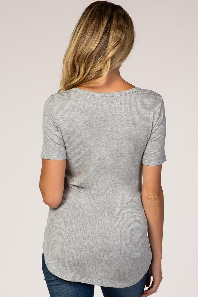 Heather Grey Ribbed Short Sleeve Button Detail Maternity Top | PinkBlush Maternity