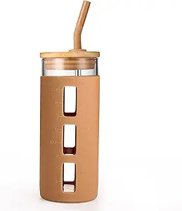 tronco Glass Tumbler with Bamboo Lid and Straw,20OZ Reusable Iced Coffee Cup,Smoothie Cups,Glass ... | Amazon (US)