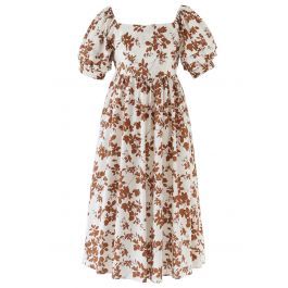 Foliage Print Open Back Midi Dress in Caramel | Chicwish