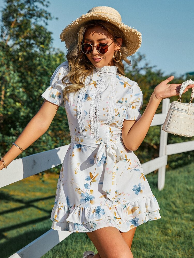 Eilly Bazar Floral Print Popover Hem Tie Front Dress | SHEIN