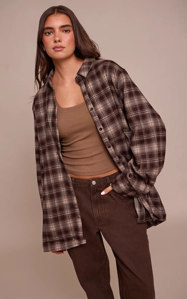 Chocolate Brushed Check Oversized Shirt | PrettyLittleThing US