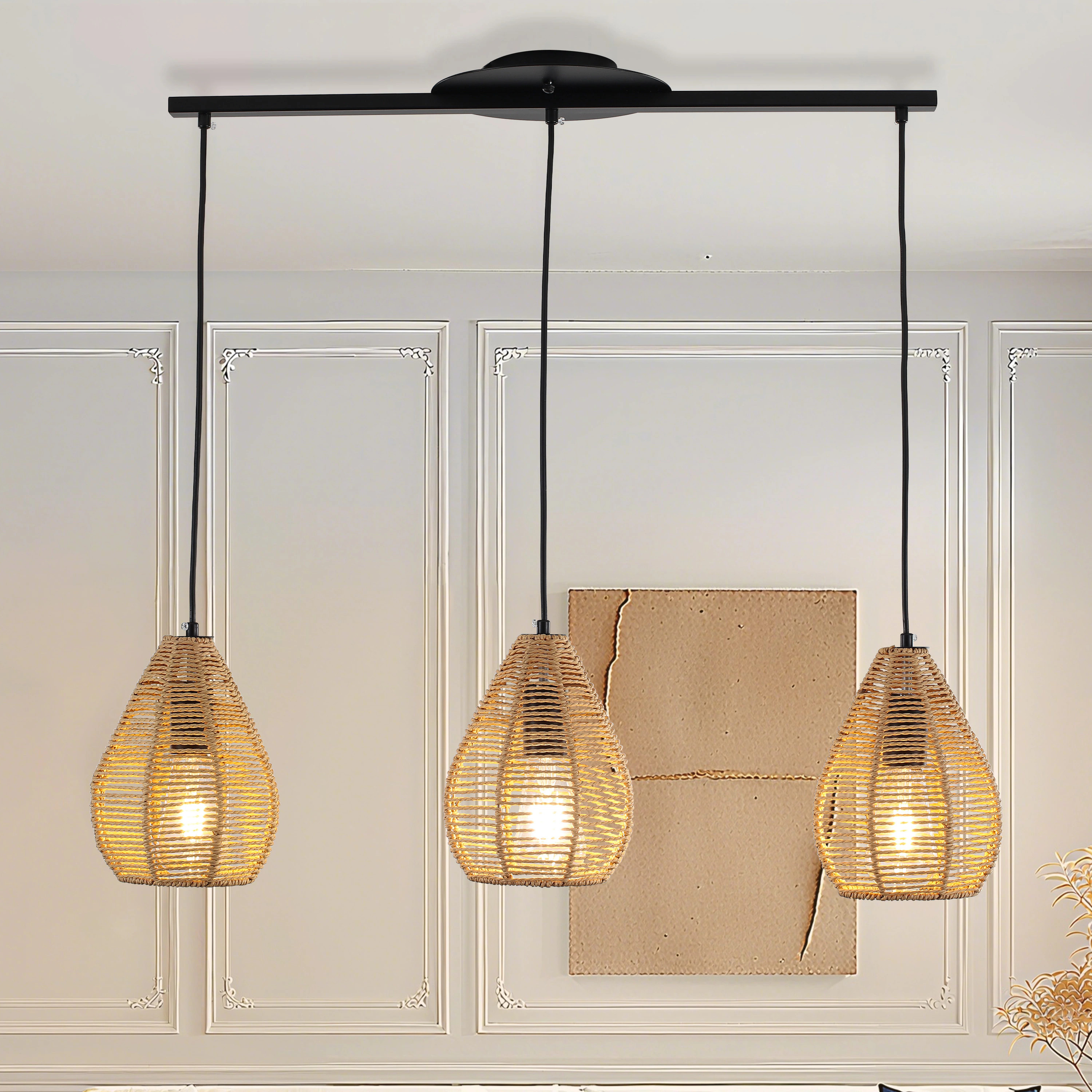 GZJunYo 3-Light Matte Black Boho Coastal Rattan Cone Linear Hanging Kitchen island light For Use in Kitchen Island Dining Room one_size | G-129 | Lowe's
