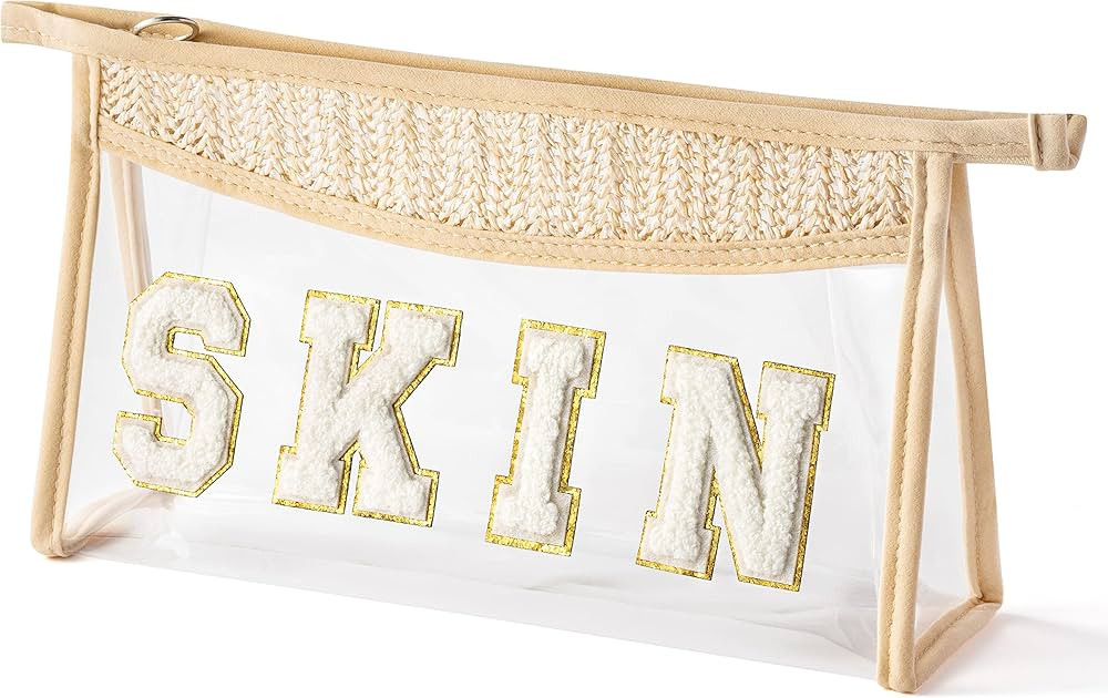 Belanttega Boho Patch SKIN Makeup Bag Clear Toiletry Bag Varsity Letter Travel Cosmetic Bag beige Tr | Amazon (US)