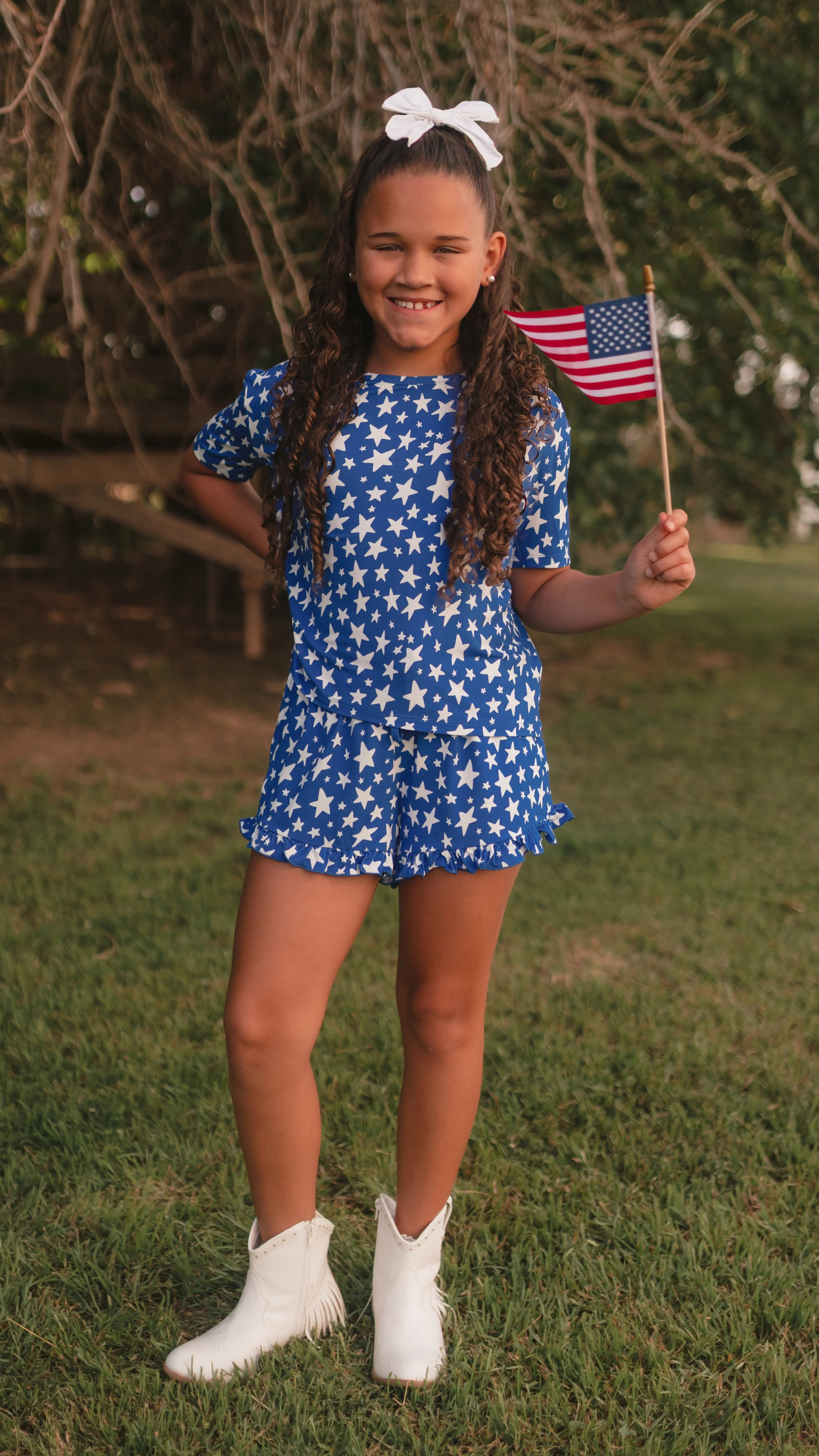 Girls Ruffle Set in Blue Stars | Silks Design