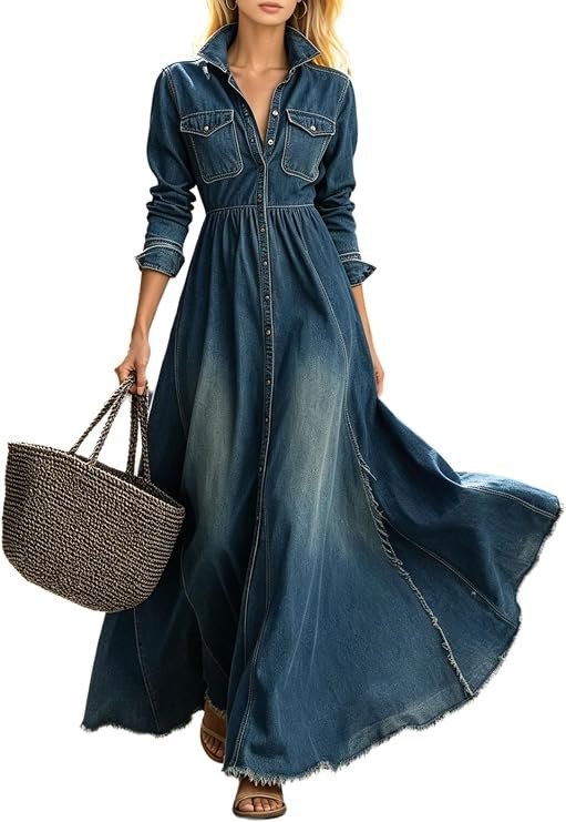utcoco Frayed Hem Button Down Shirt Collar Long Sleeve Denim Maxi Dress Women 2026 A Line Flowy L... | Amazon (US)