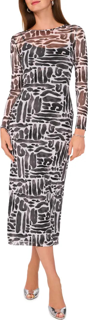 Vince Camuto Abstract Print Long Sleeve Mesh Midi Dress | Nordstrom | Nordstrom