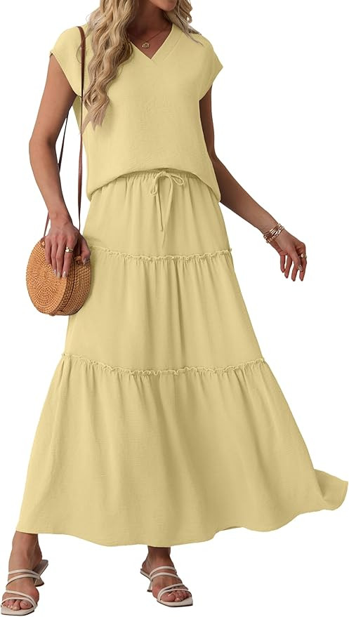 Lepunuo 2 Piece Skirt Sets for Women Flowy Maxi Skirts Cap Sleeve Tops Matching Sets Travel Vacat... | Amazon (US)