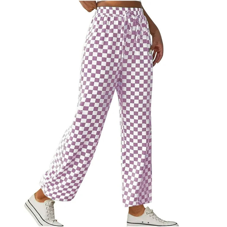 Royisotas High Waist Pants for Women Checkered Straight Wide Leg Casual Summer Palazzo Drawstring... | Walmart (US)