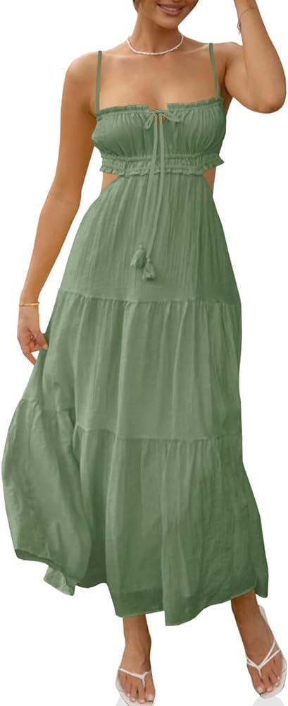 Fisoew Women's Spaghetti Strap Maxi Dress Summer Sleeveless Side Cut Out Dress Casual Boho Backle... | Amazon (US)
