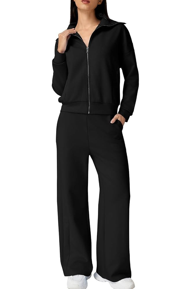 QINSEN Women's Cotton 2 Piece Outfits Lapel Long Sleeve Zip Up Sweatshirt Wide Leg Pants Matching... | Amazon (US)