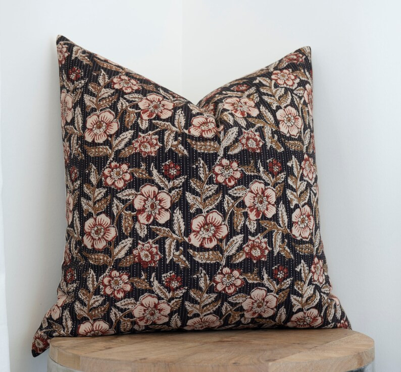 OLIVIA Kantha-stitch Floral Block Print Pillow Cover Floral Pillow Moody Floral Black Block Print... | Etsy (US)
