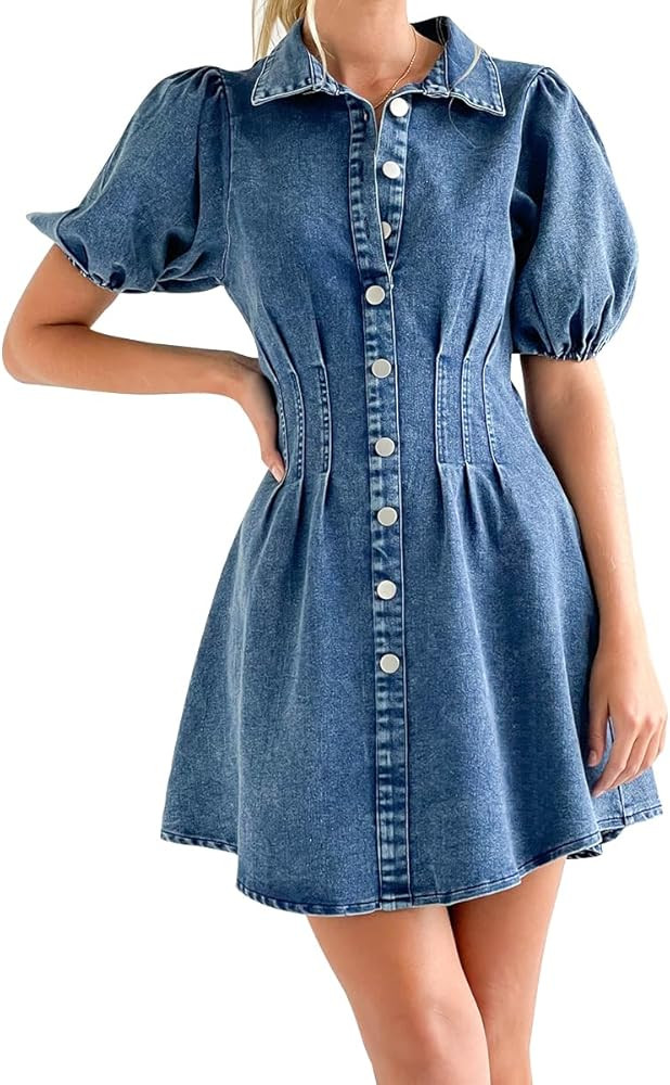 AMRSPENG Denim Dress for Women Puff Sleeve Slim Fit Jean Dresses for Women 2023 Summer Casual | Amazon (US)
