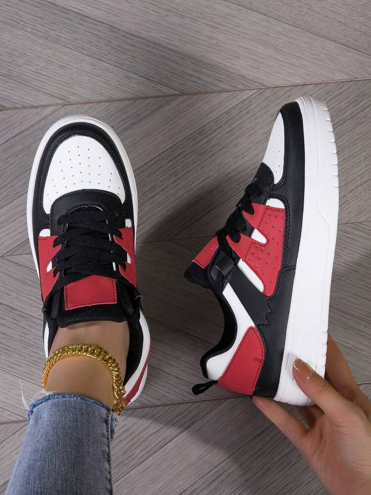 Black & Red Contrast Color Energetic Sexy Women's Shoes, Tennis Shoes, Party Shoes, Round Toe Lace-Up Low-Top Casual Sneakers, Thick Sole Cushioned Comfortable Breathable Textile Upper Sports Leisure Shoes, Holiday Gift, Birthday Gift, Student Shoes | SHEIN