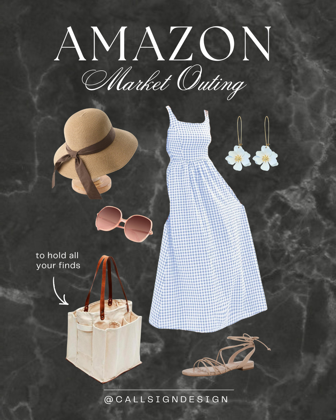 Springtime market outfit 🌸🧺
Light checkered plaid dress and a floppy hat for a soft, breezy feel. Paired with large sunglasses and a roomy tote bag to carry your haul. Perfect for easy mornings and sunny strolls through the market! 

 #LTKdayinmylife #LTKgrwm #LTKootd