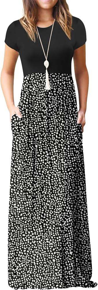 GRECERELLE Women Summer Crew Neck Casual Short Sleeve Long Maxi Dress with Pockets, Black, XL at ... | Amazon (US)