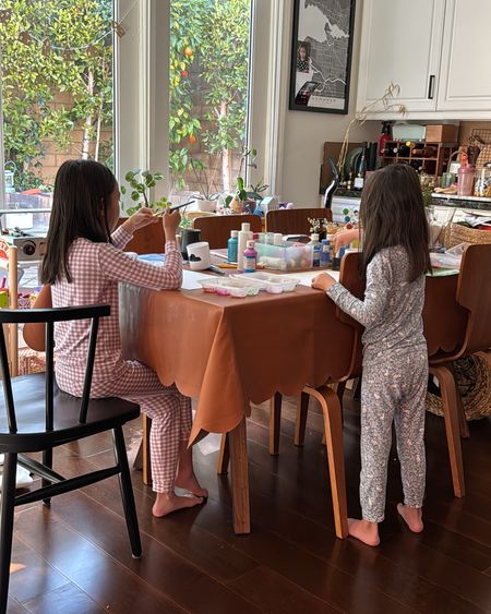 commonly asked for link - our tablecloth (and going to throw in my absolute fave PJs for the girls too). 

Ginger in 6’ scallop bc our table is actually a desk 😅 #smallhome but has held up 5 years! Worth the cost but will share some affordable alternatives. 

Alternatives are PVC not vegan leather if that makes a diff to you  

#LTKhome #LTKfamily #LTKkids