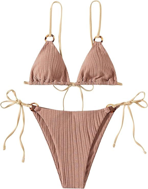 SheIn Women's 2 Piece Swimsuit Tie Side Bathing Suit Triangle String Bikini Sets Thong Bikini Swi... | Amazon (US)