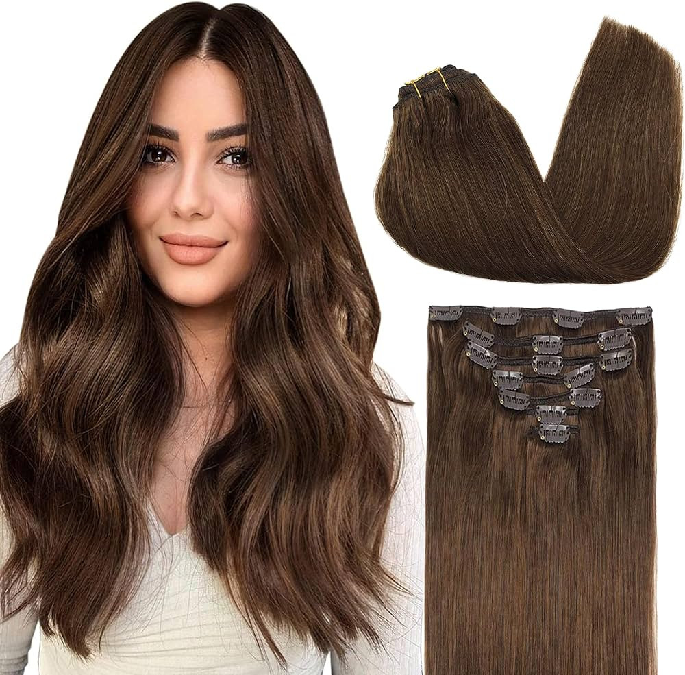 GOO GOO Clip in Hair Extensions Real Human Hair, 20inch 120g 7Pcs, 4A Chocolate Brown, Remy Human... | Amazon (US)