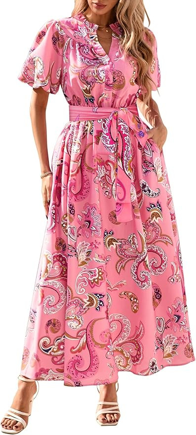 KIRUNDO Women Puff Sleeve Boho Floral Maxi Dress 2025 Spring Summer Button Shirt V Neck Flowy Bel... | Amazon (US)