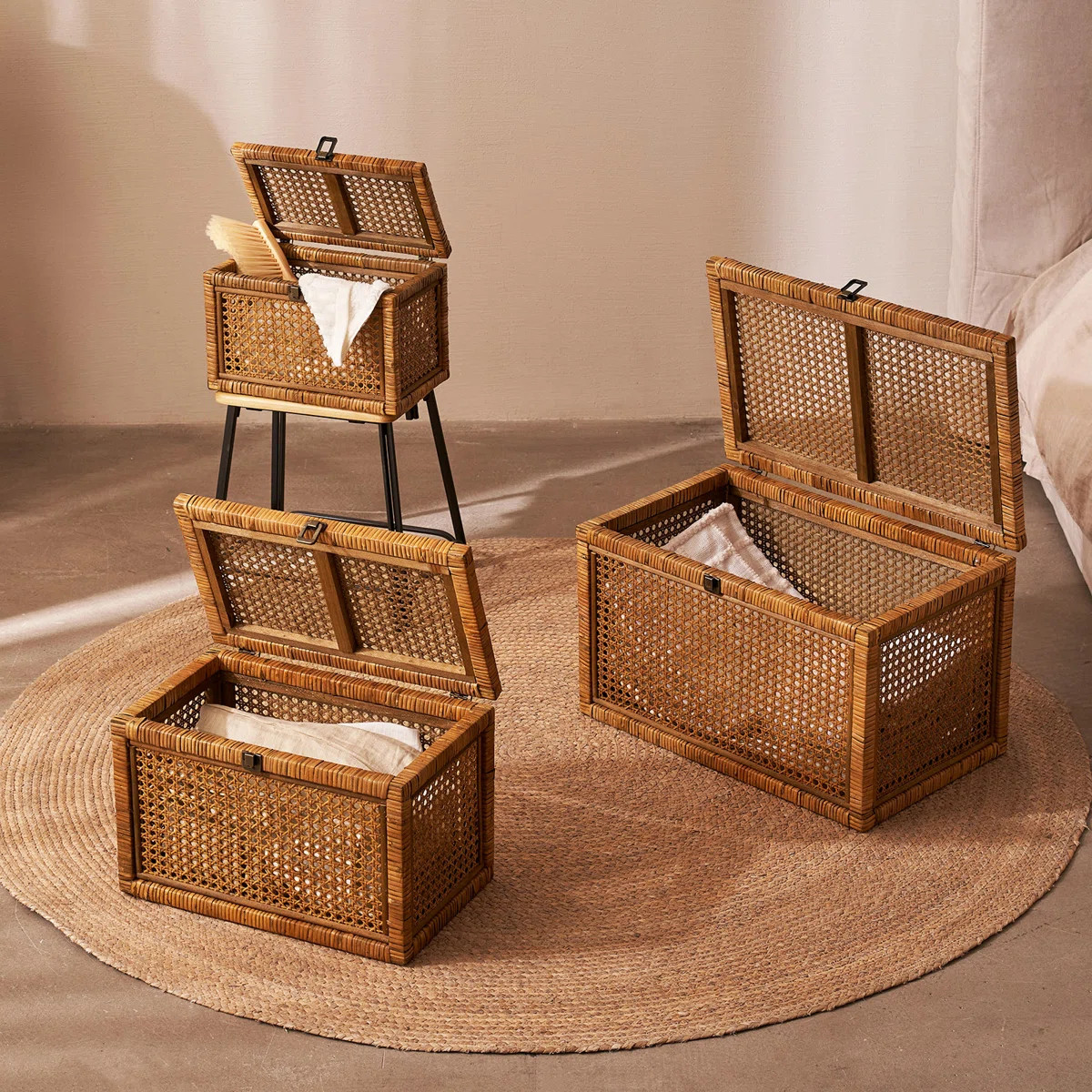 Natural Rattan Storage Box Set of 3, Decorative Woven Chest Trunks with Latch Closures | Wayfair North America