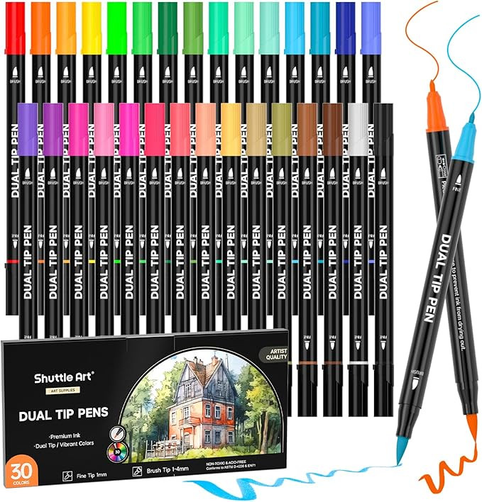 Shuttle Art Dual Tip Brush Pens Art Markers, 30 Colors Dual Tip Calligraphy Pens Fine and Brush D... | Amazon (US)