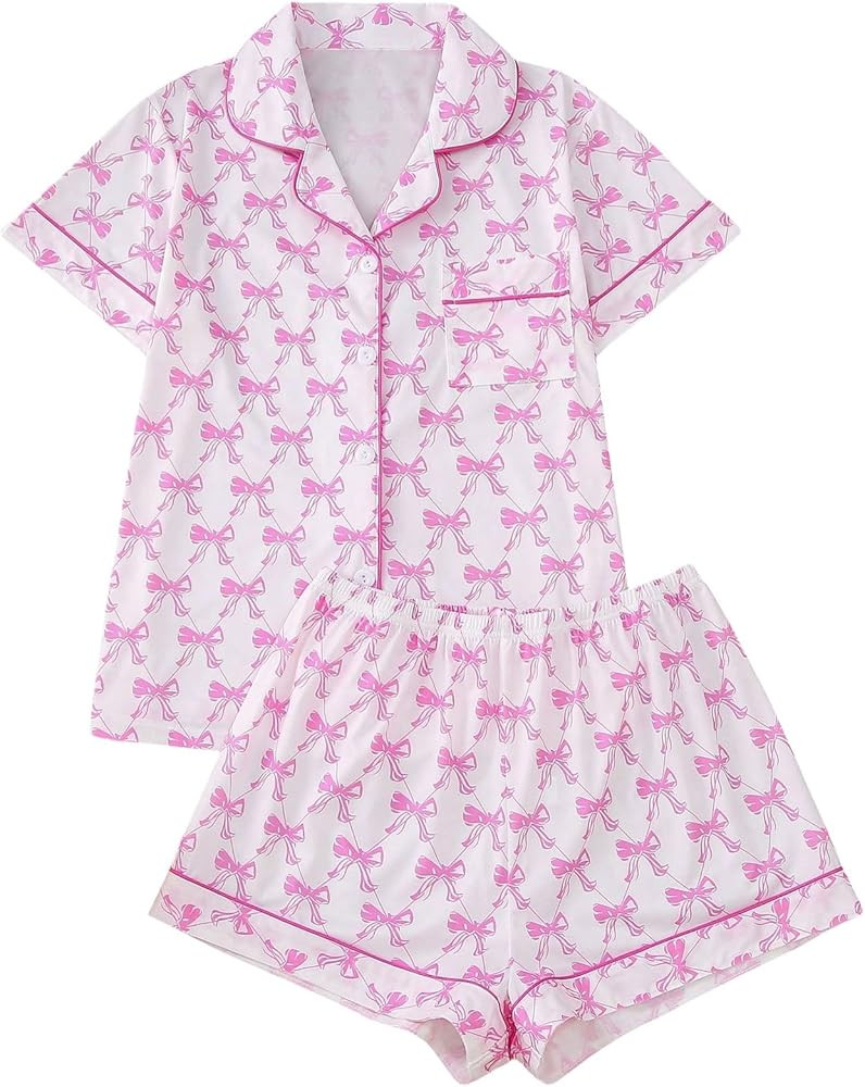 Women's 2 Piece Bow Print Pajama Sets Sleepwear Short Sleeve Button Down Shirt and Shorts Nightwe... | Amazon (US)