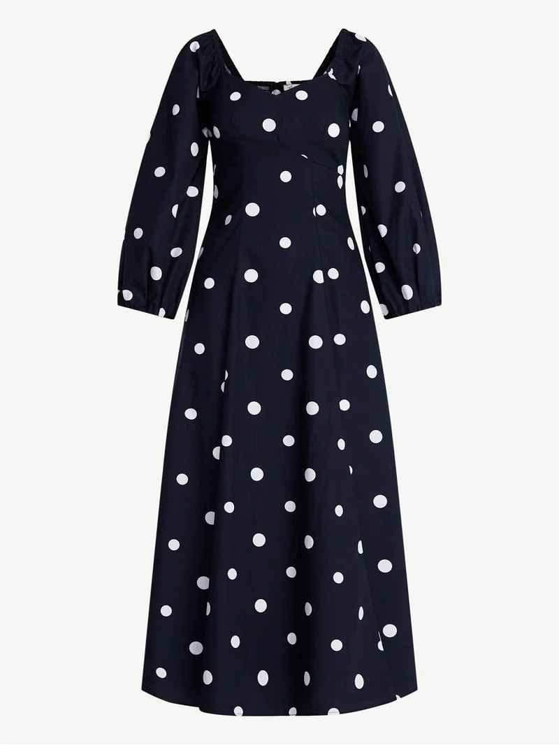Free Assembly Women's and Women's Plus Cotton Polka Dot Maxi Dress with Puff Sleeves, Size-XS-4X | Walmart (US)