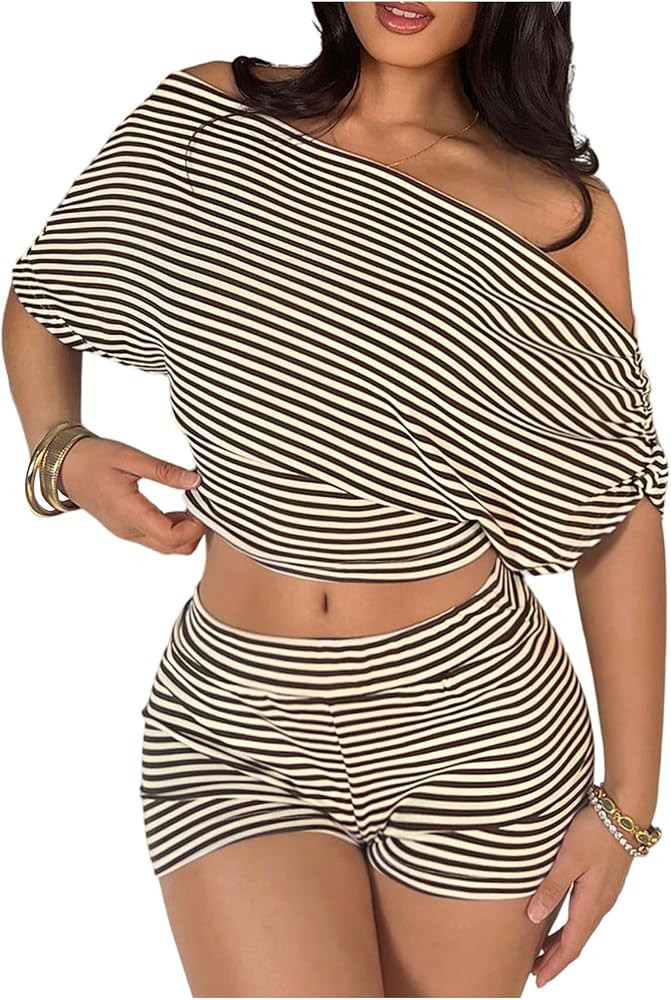 GORGLITTER Women's 2 Piece Short Sets Striped Cinched Waist Off The Shoulder Crop Tops and Skinny... | Amazon (US)