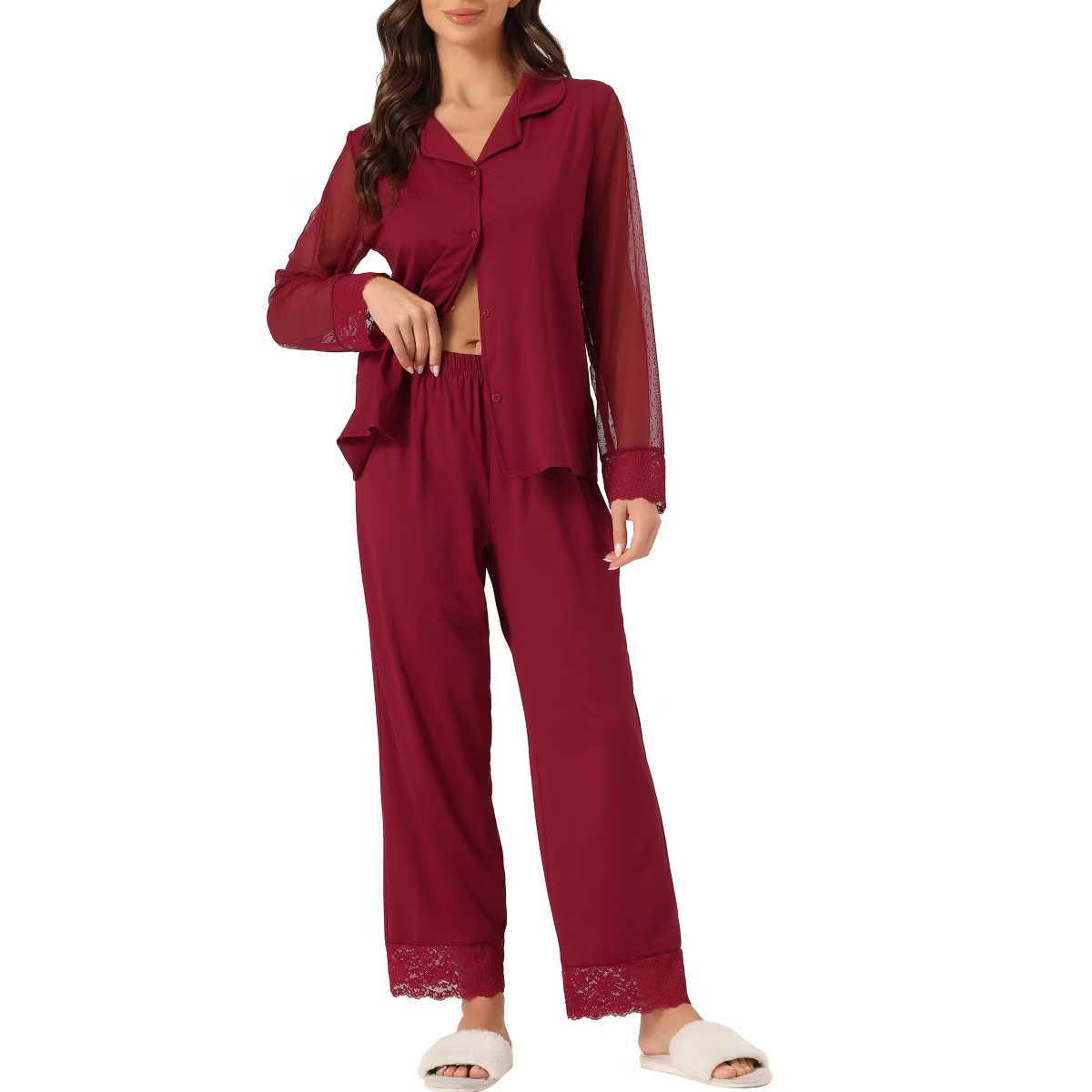 cheibear Women's Button Down Sheer-Mesh-Sleeve Sleepwear Shirt with Long Pants Pajama Set | Target