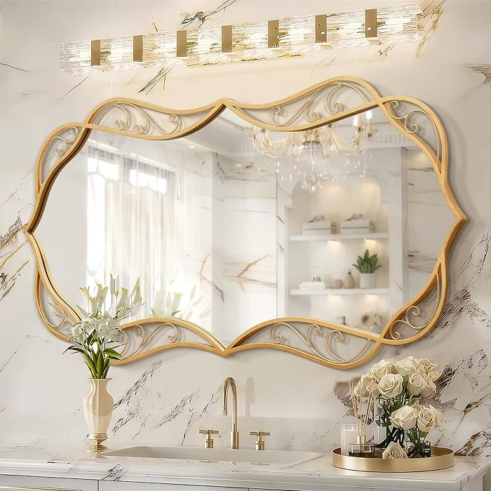 Gold Bathroom Large Mirror: 24"x48" Scalloped Modern Large Vanity Mirror for Wall - Farmhouse Dec... | Amazon (US)