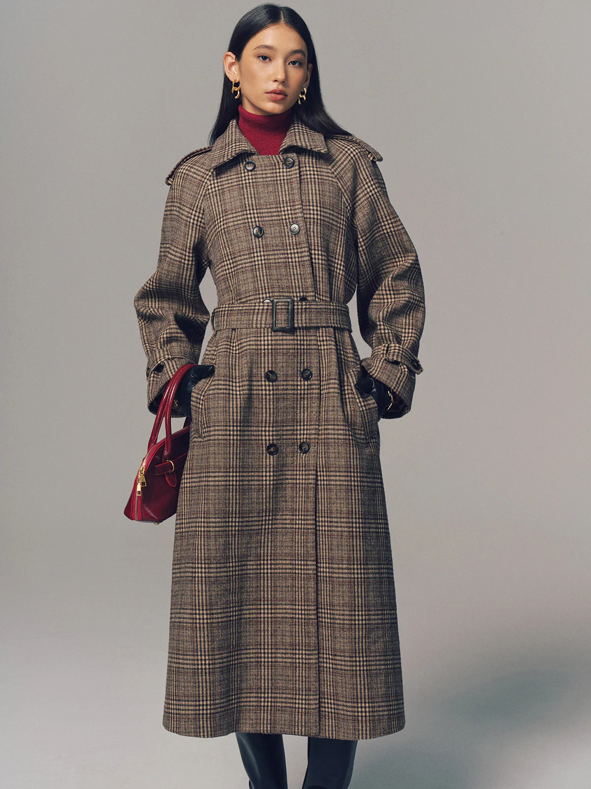 Belted Plaid Double-Breasted Long Trench Coat | Commense