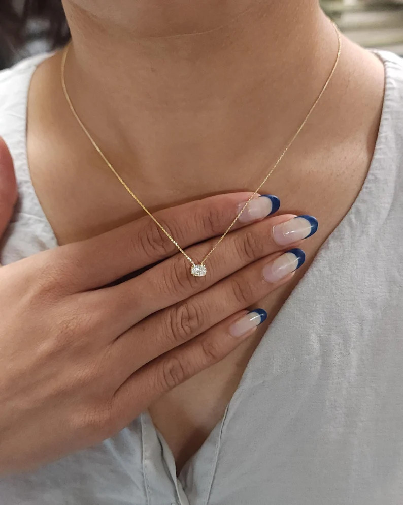 14Kt Gold 0.27 Ct Diamond Oval Pendant, Lab Grown Diamond Solitaire Necklace, East West Diamond N... | Etsy (US)