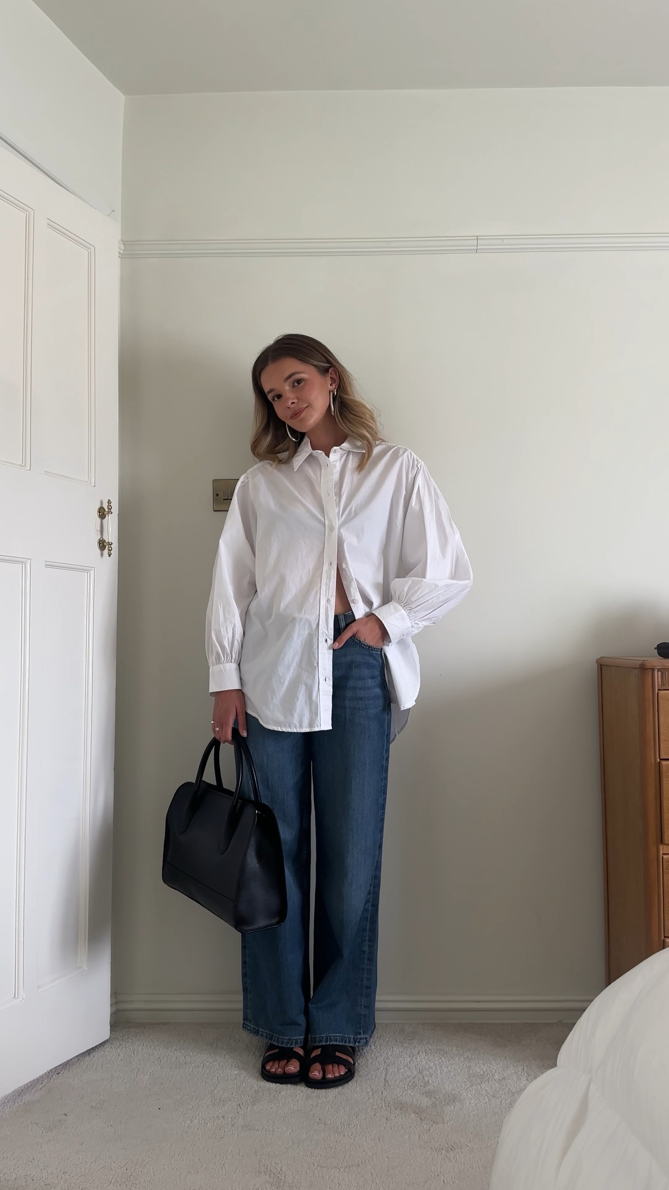 M&S, Marks and Spencer’s, transitional outfits, white shirt, blue jeans, wide leg jeans, black dress, v neck jumper, autumn fashion, cage sandals 

#LTKeurope #LTKautumn #LTKuk