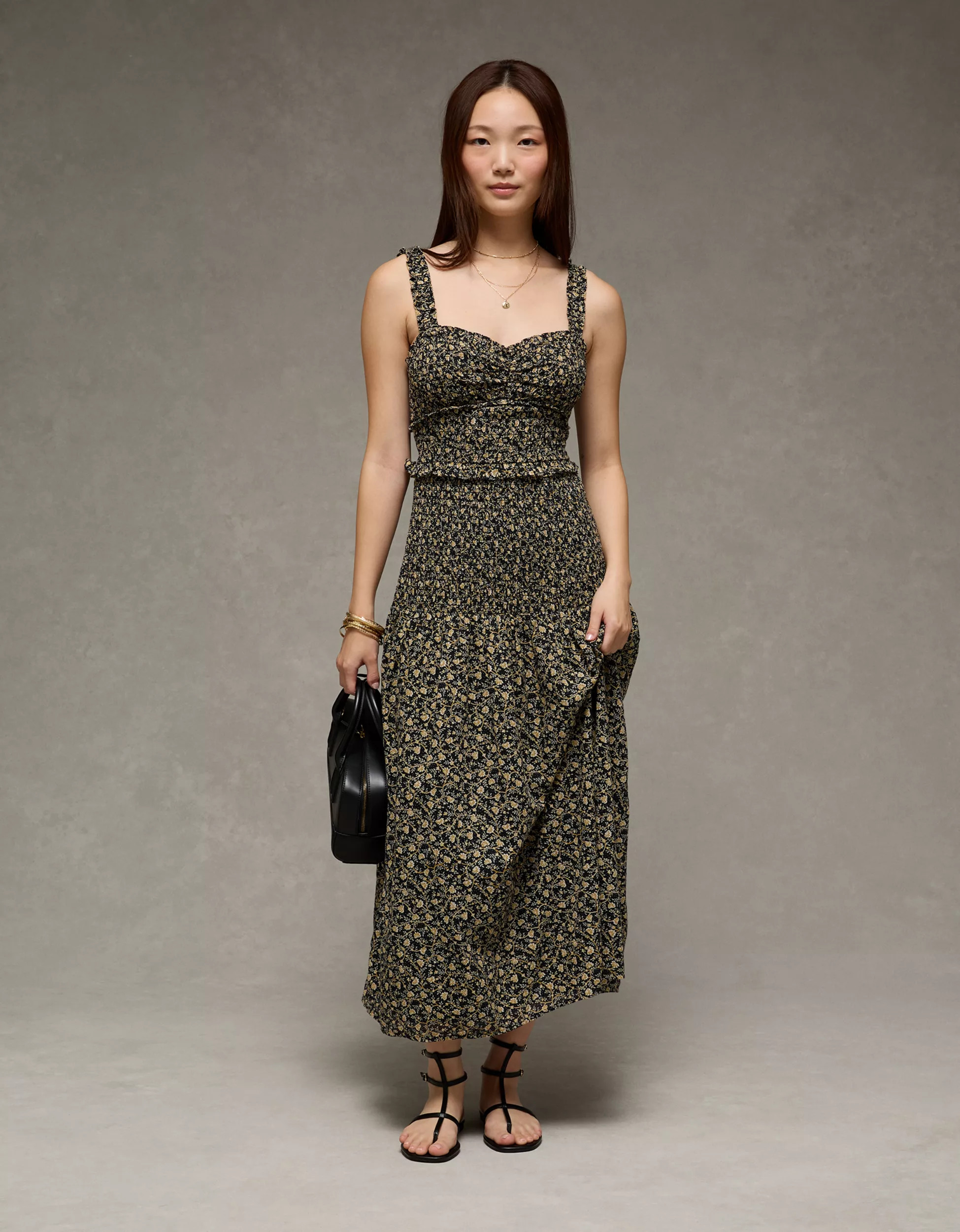 AE Catie Corset Smocked Floral Midi Dress | American Eagle Outfitters (US & CA)