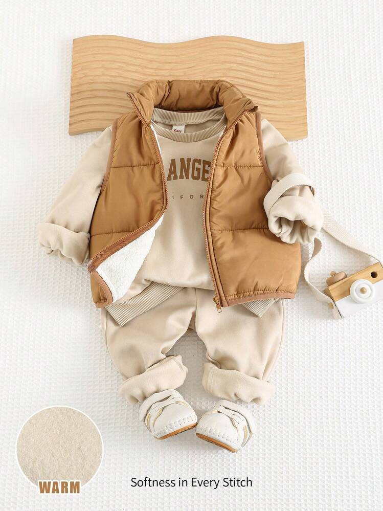 Cozy Pixies 3pcs Baby Boy Set: Letter Print Soft Knitted Crew Neck Long Sleeve Hoodie, Drawstring... | SHEIN