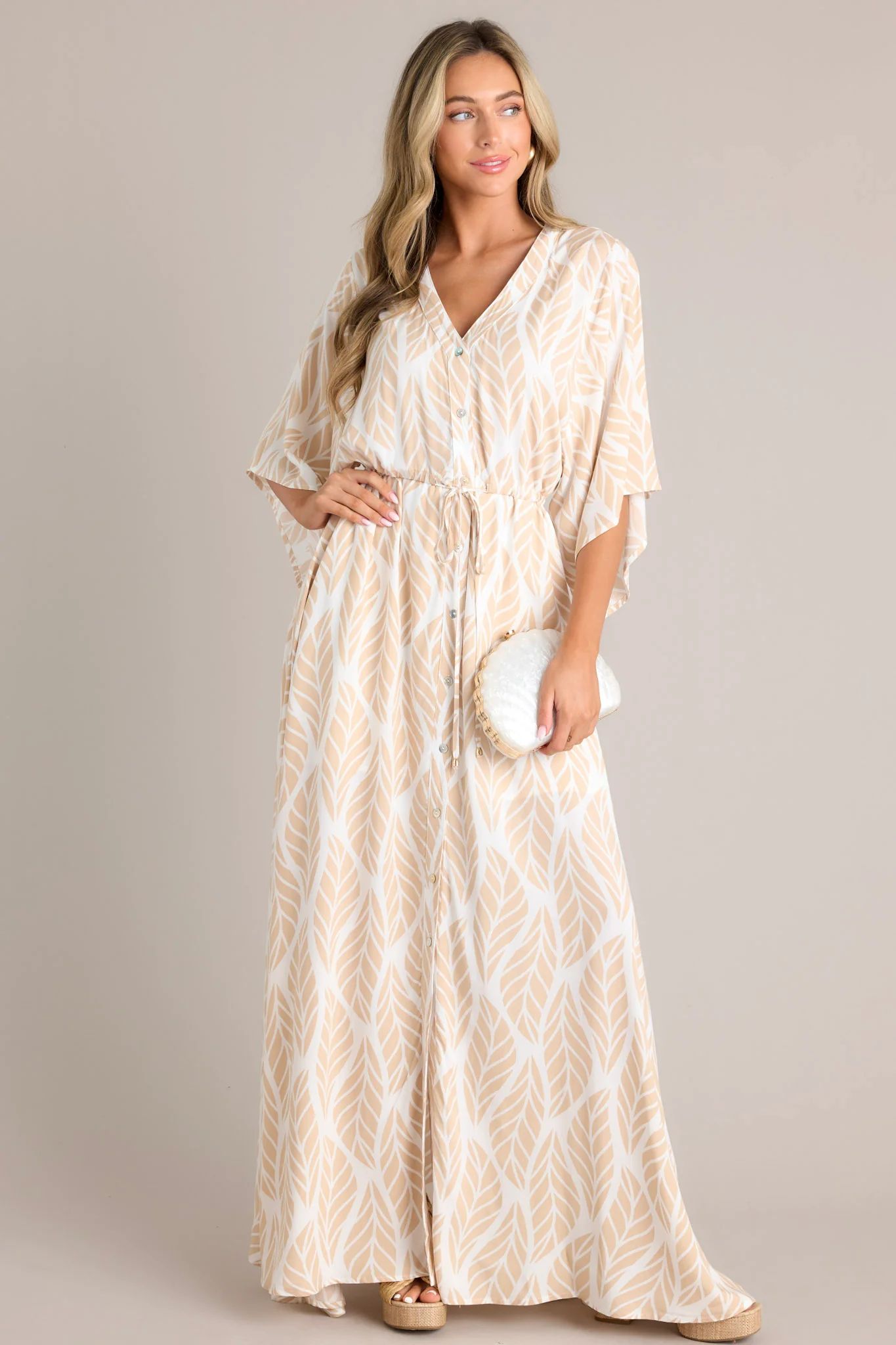 Sunset Palms Beige Tropical Print Button Front Maxi Dress | Red Dress