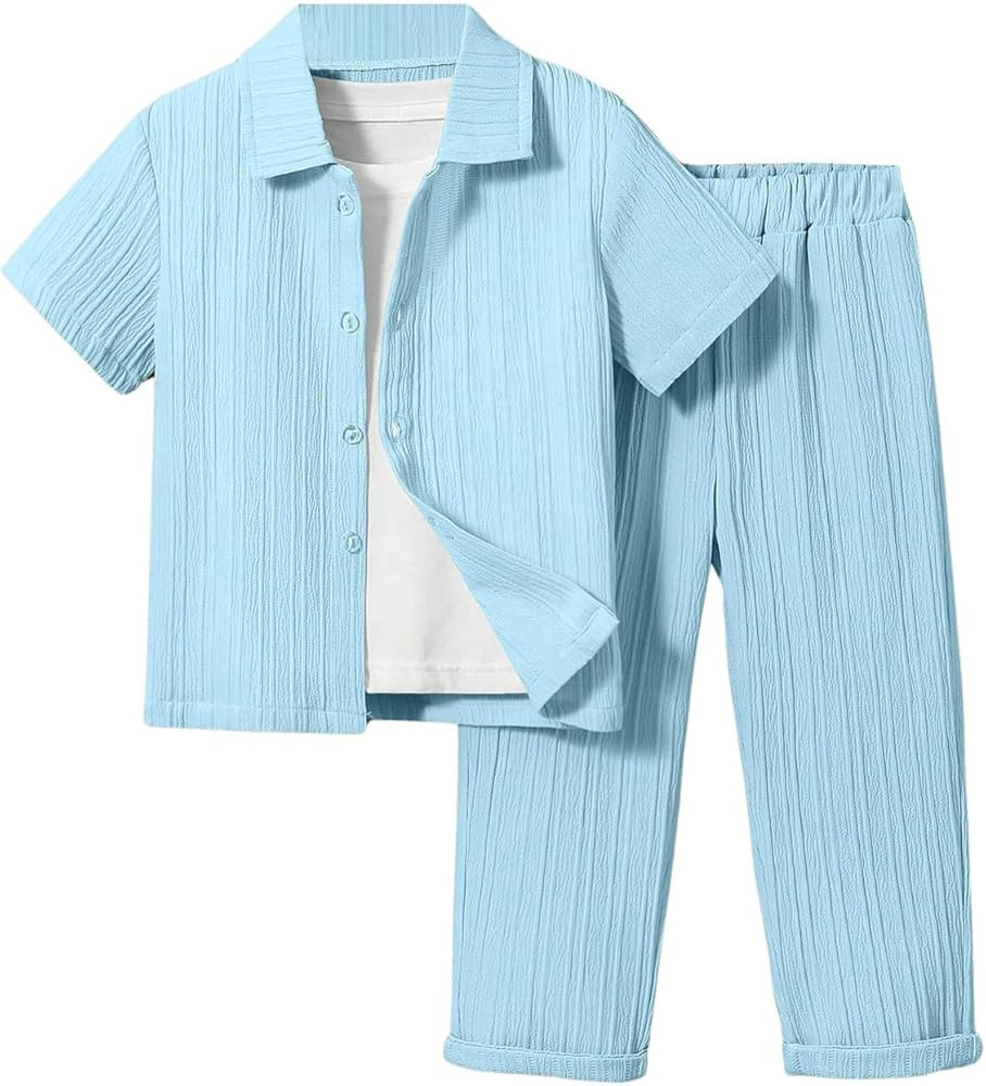 Boy's 2 Piece Outfits Textured Button Down Short Sleeve Collar Shirts Tops and Elastic Waisted Pa... | Amazon (US)