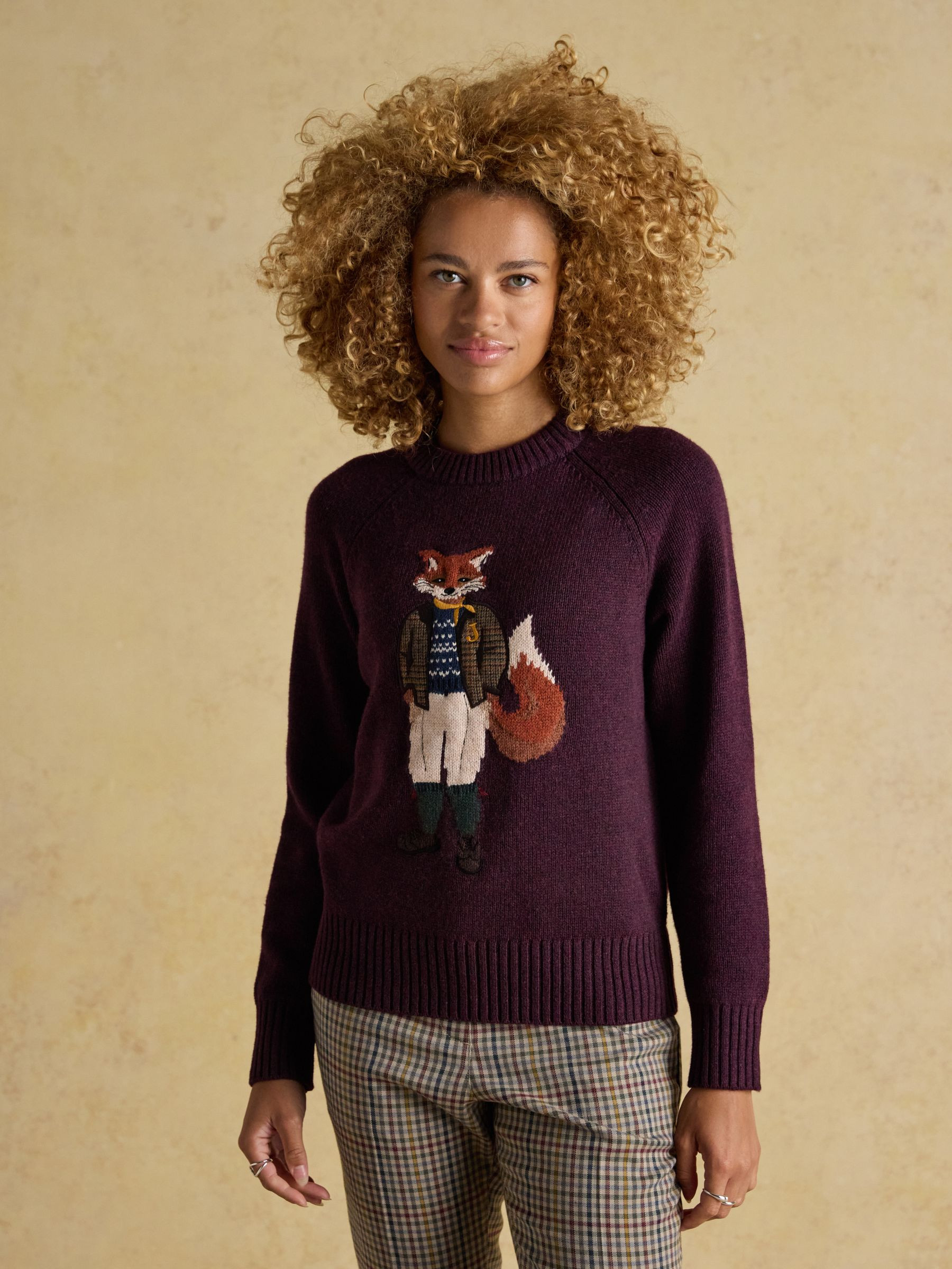 Jonty Intarsia Wine Red Cotton-Rich Crew Neck Jumper | Joules | Joules