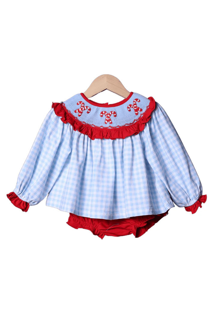 Smocked Blue Gingham Candy Cane Bishop Bloomer Set | The Smocked Flamingo