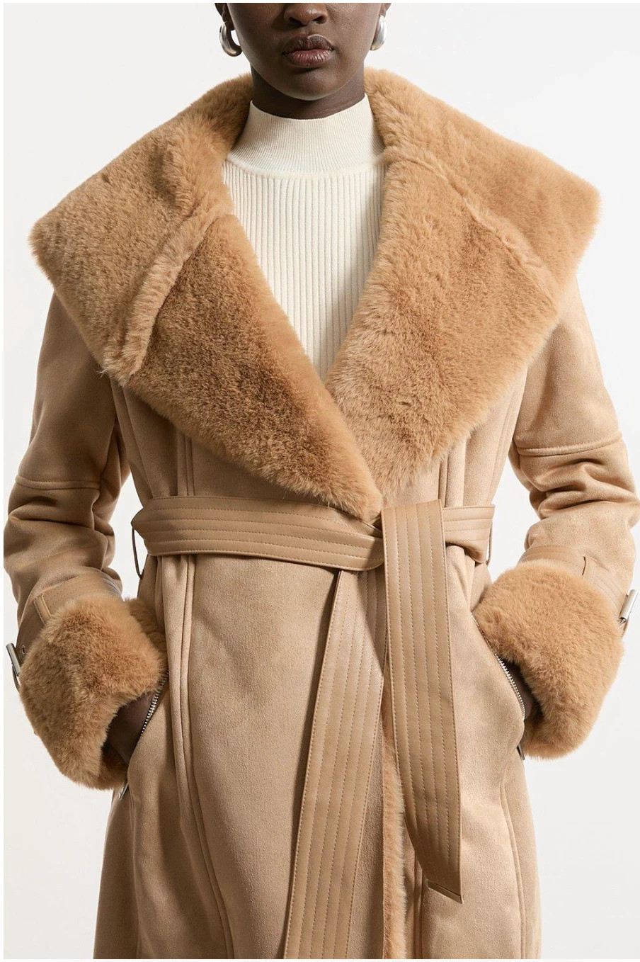Karen Millen Faux Shearling Collar & Cuff Belted Short Coat M 10 Beige Camel | eBay UK