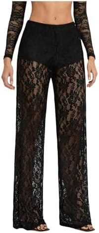 Women's Y2K Floral Lace See Through Pants Sheer Straight Leg Long Pants Club Wear | Amazon (US)