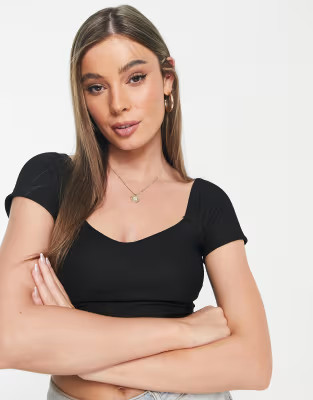 Stradivarius square neck seamless short sleeve crop top in black | ASOS (Global)